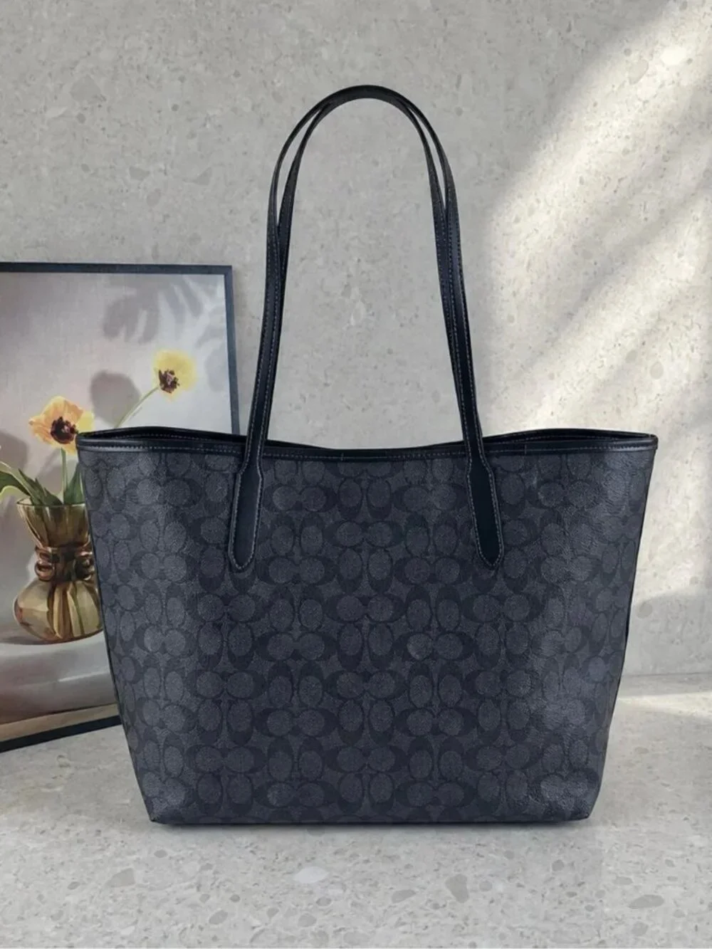 COACH Black Signature Canvas Tote with Moon & Cat Motif